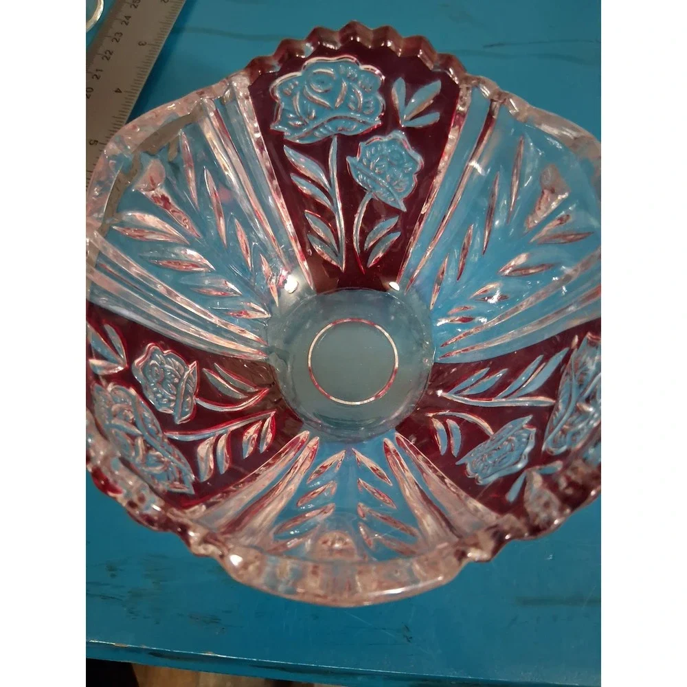 Vintage Ruby Red Flash Crystal Bowl Frosted Rose Floral Scalloped Rim 5.75in